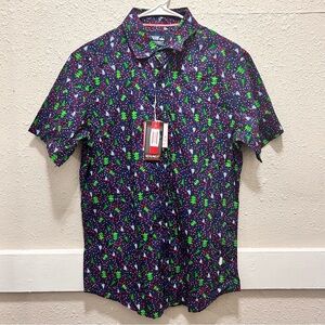 Monument Navy Christmas Tree Holiday Short Sleeve Button Front Shirt NWT M